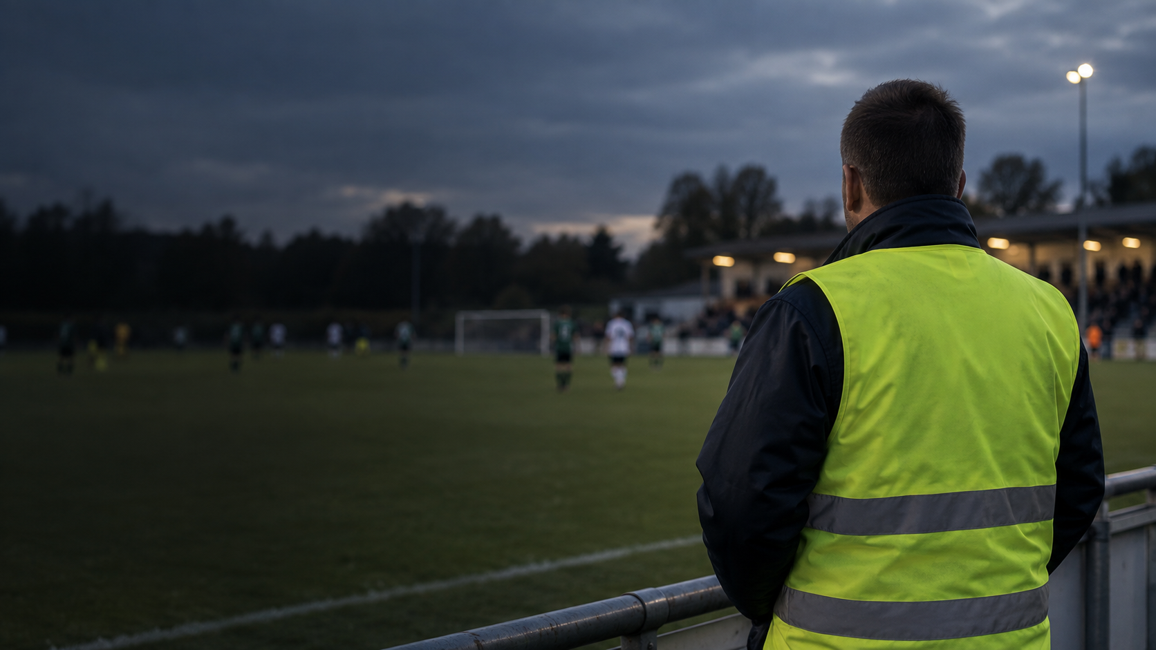 Ordner am Spielfeldrand eines Amateurfußballspiels
